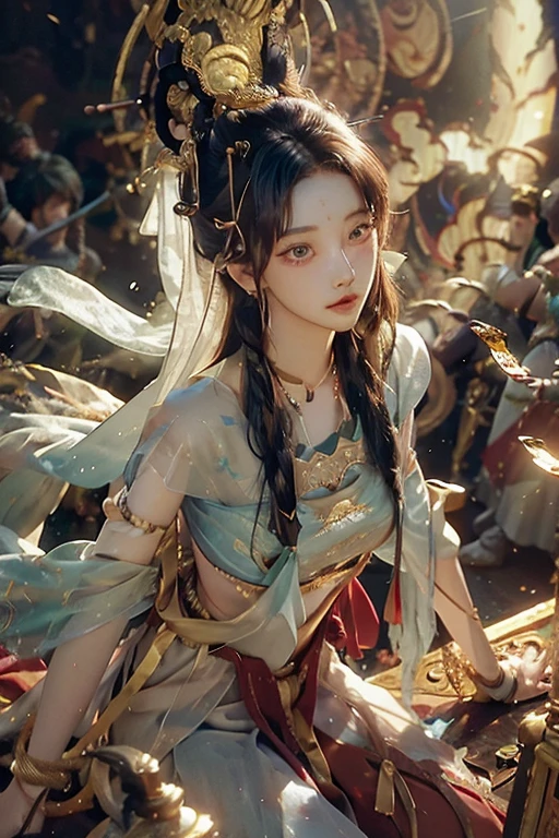 (CRU photo, best qualityer), (realisitic, photo-realisitic:1.3),best qualityer,highy detailed,work of art,ultra detali,illustration,1 girl,upper_cos,dynamic angle,world work of art theater,messy_far away_body hair,best qualityer,Extremely detailed CG 8k unity wallpaper,inking,incredible,cinematic lighting,lens_sheen, dunhuang_styled
