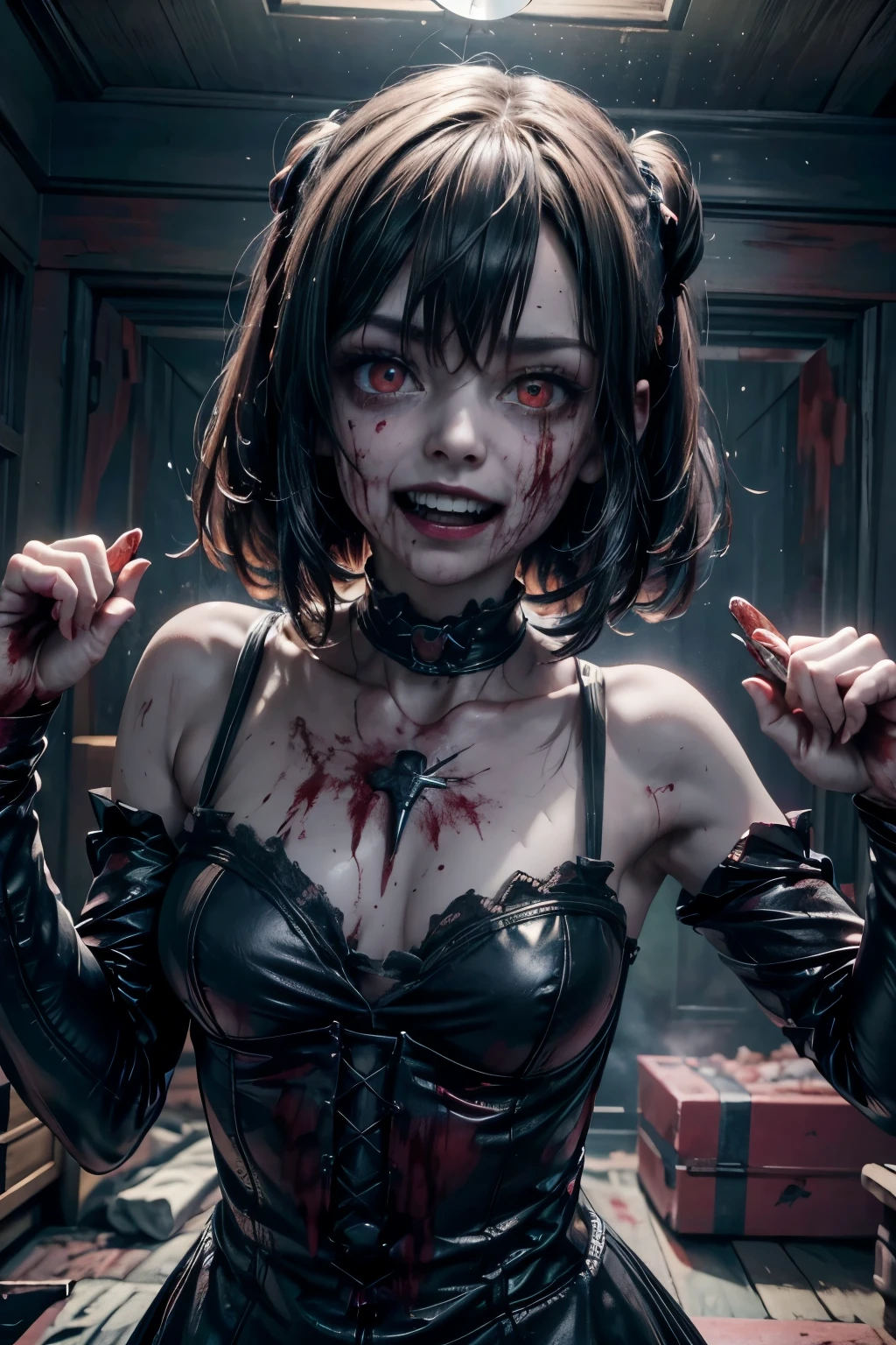 (best quality,4k,highres:1.2),ultra-detailed,realistic,portrait,girl,staring at camera,malevolent grin,exposed teeth,wide smile,bloody butcher knife,background,family,family dead,bloody scene,dark atmosphere,horrifying,dreadful,creepy,vivid colors,sharp focus,detailed eyes,expression,murderous intent,dangerous,emotion,psychological horror,nightmare,macabre,artistic,terrifying,horror movie,horror theme,horror film,low-key lighting,bloody hands,bloodstains,evil,menacing,horror story