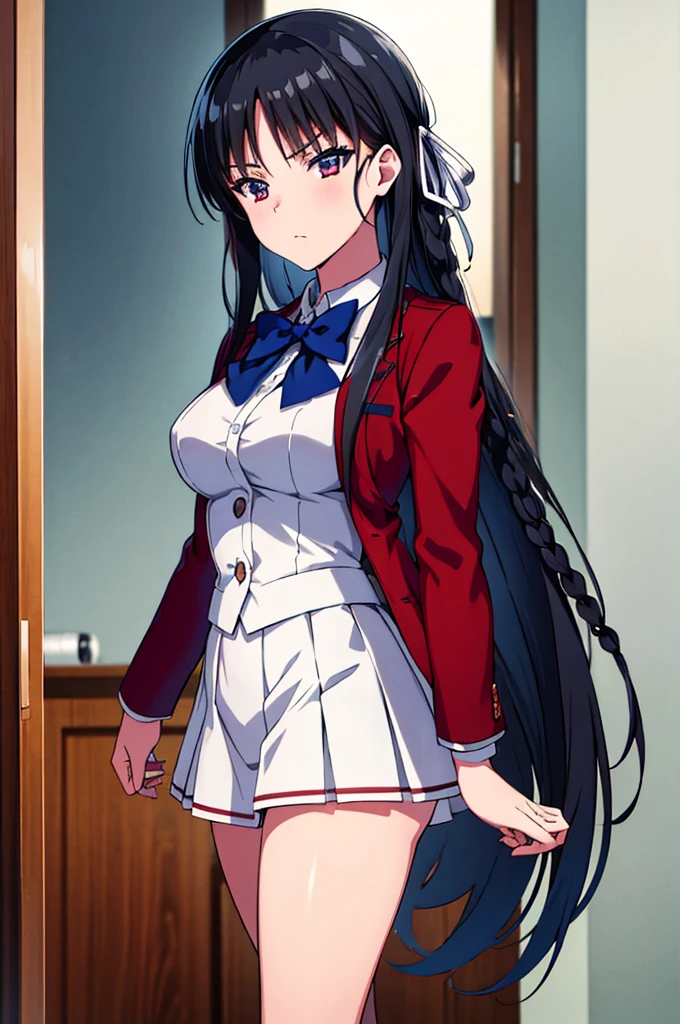 ((masterpiece)), absurdres, high resolution, ((best illustration)), ((super fine illustration)), official art, anime keyvisual, perfect anatomy, 8k, 8k portrait, 
1girl,
Suzune Horikita, 
long hair, braid, black hair,  
blue bow, 
medium breasts, 
red jacket, shirt formal, white skirt, pleated skirt, black thigh-high socks,
cowboy shot, 
perfect light, background of indoor, 