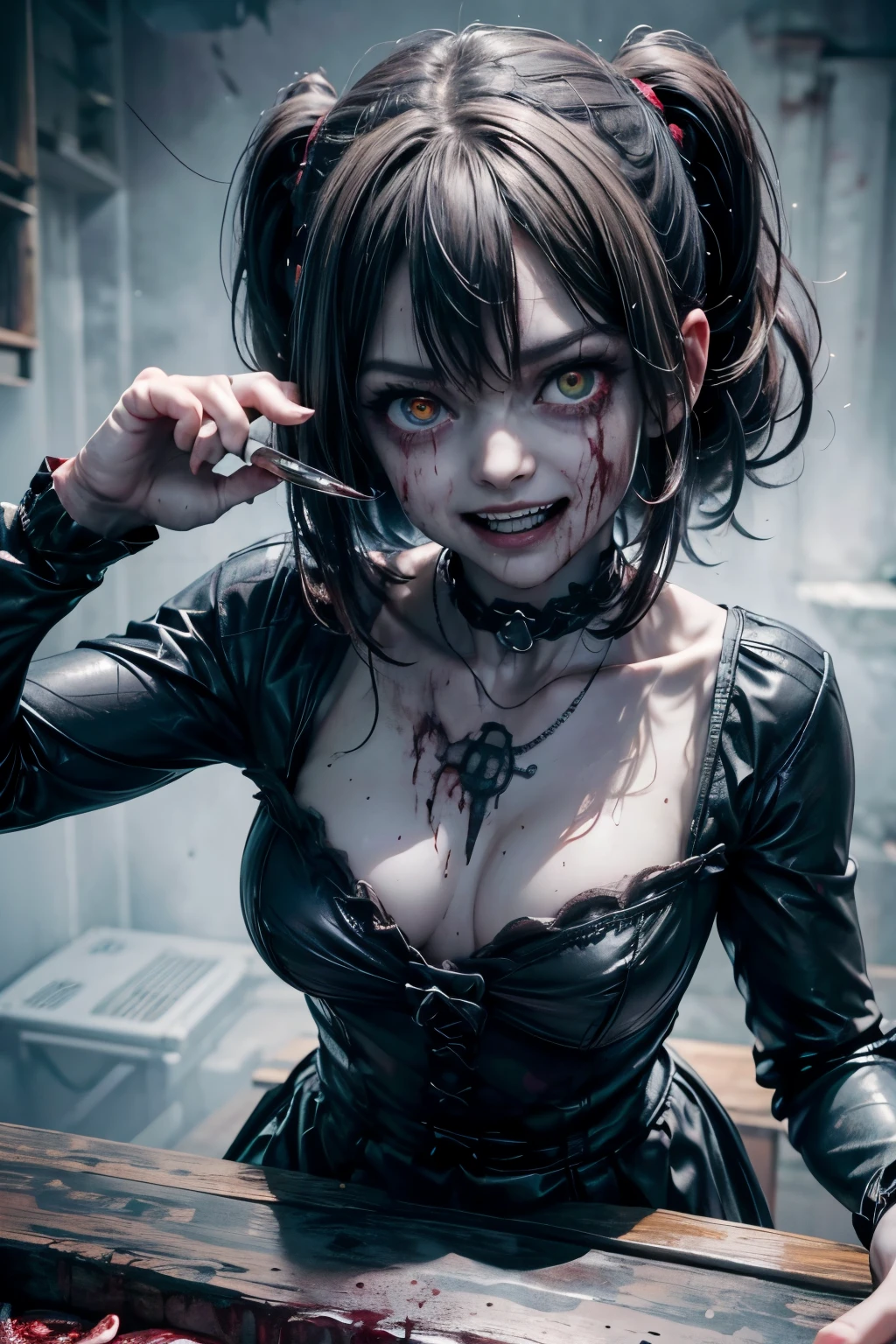 (best quality,4k,highres:1.2),ultra-detailed,realistic,portrait,girl,staring at camera,malevolent grin,exposed teeth,wide smile,bloody butcher knife,background,family,family dead,bloody scene,dark atmosphere,horrifying,dreadful,creepy,vivid colors,sharp focus,detailed eyes,expression,murderous intent,dangerous,emotion,psychological horror,nightmare,macabre,artistic,terrifying,horror movie,horror theme,horror film,low-key lighting,bloody hands,bloodstains,evil,menacing,horror story