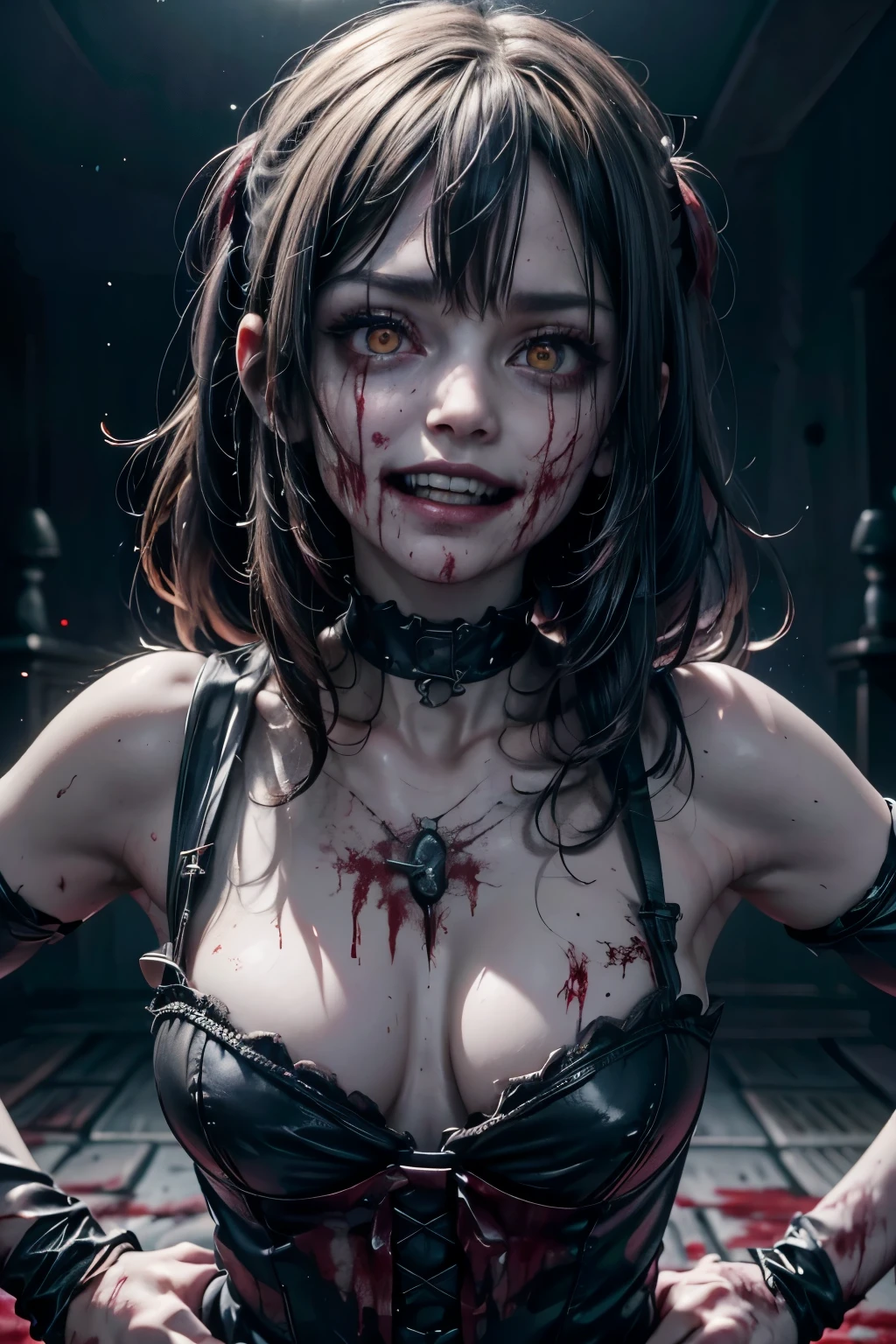 (best quality,4k,highres:1.2),ultra-detailed,realistic,portrait,girl,staring at camera,malevolent grin,exposed teeth,wide smile,bloody butcher knife,background,family,family dead,bloody scene,dark atmosphere,horrifying,dreadful,creepy,vivid colors,sharp focus,detailed eyes,expression,murderous intent,dangerous,emotion,psychological horror,nightmare,macabre,artistic,terrifying,horror movie,horror theme,horror film,low-key lighting,bloody hands,bloodstains,evil,menacing,horror story