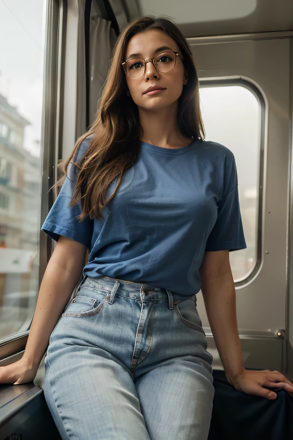 (Best quality, Ultra detailed, Golden ratio, Masterpiece:1.2), Theatrical lighting:0.7, Photo of a 30 year old hot nerdy woman, dressed in a plain blue t-shirt and jeans, Perfect rare face, (Highly detailed skin), long wavy light brown hair, Hide your mouth with your hands、Ridicule, skin texture, Pale skin, shiny skin, (thin, large size:1.2), [:(Sharp focus on rare face, perfect eyes:1.2):0.2], photorealistic, film grain, Put one foot forward、from below looking up、look at camera、Emphasize the shoulders, Focus on face、Stockings、glasses、Smile with corners of mouth raised、disdainful expression, summer haze, muted colors, muted warm colors, Photo cinematic portrait of a 30 year old woman dressed in a plain blue t-shirt sitting by the window in the early morning, cinematic, (tilted:1.3) (on an old train) look cautious, standing under a spotlight, volumetric dust clouds, key light, backlight, soft natural lighting, photography Film grain ISO 400 30 mm lens RAW f1.8 aperture, highly detailed (analog photography:1), colors hdr