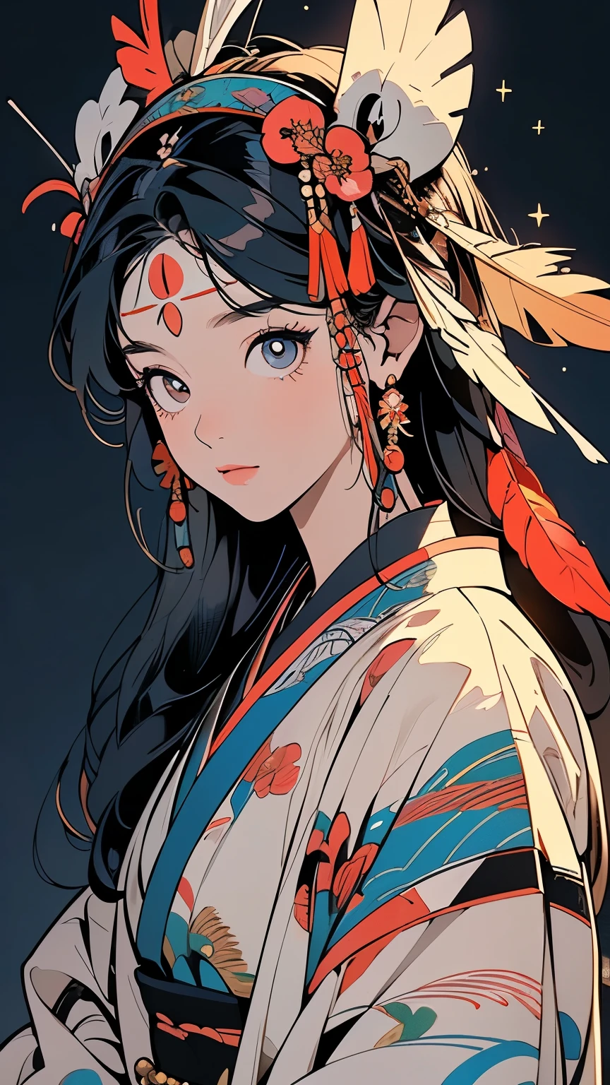 kimono, 完璧なkimono, 詳細なkimono, first-class, Super detailed, torii, Night view, forest, lake, (((Super detailedな装飾))),One Woman, Perfect Face, Lantern, Faint lighting, (((Cowboy Shot))), Super detailedな髪、((( Sparkling Eyes))),mysterious, Brightly colored obi, The wind is blowing, Apparition, Japanese style, Candle, Panorama, Long Shot, Colorful backgrounds, (((Narrow-eyed beauty))),(((Indian-style feather headdress on head))),Upper Body,(((Complex eye pattern)))、(((Wearing a bird head mask on his head)))、A beautiful woman、Detailed face、Best quality face