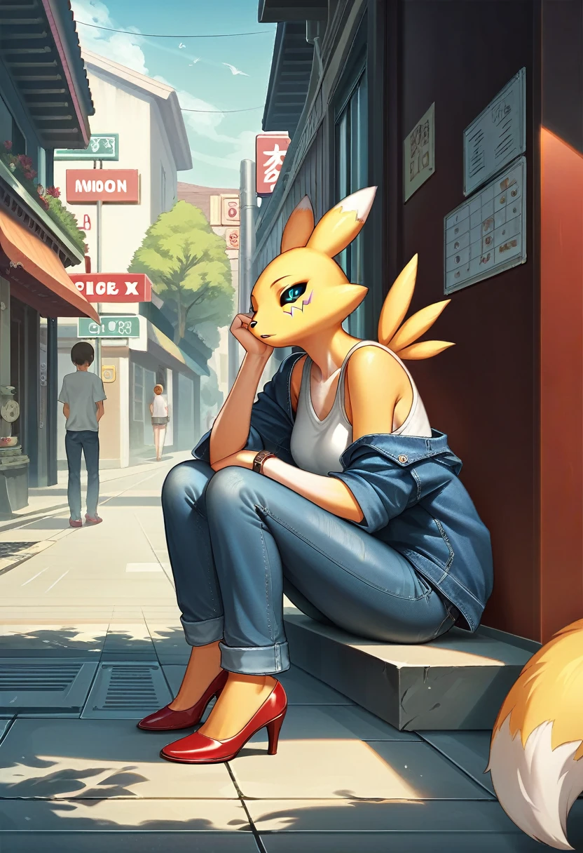 Fraction_9, Fraction_8_up, Fraction_7_Direction_6_Direction_5_Direction_4_up, rest, src_Japanese cartoons, Endless, Official Art, masterpiece, 1 Girl, renamon (Digimon), anthropology, Lovely, , very younger, young, , Uncensored, Oversized T-shirt,denim jacket, big jeans, Red high heels,Sexy, Honey, prostitute, Dagasi, Blink