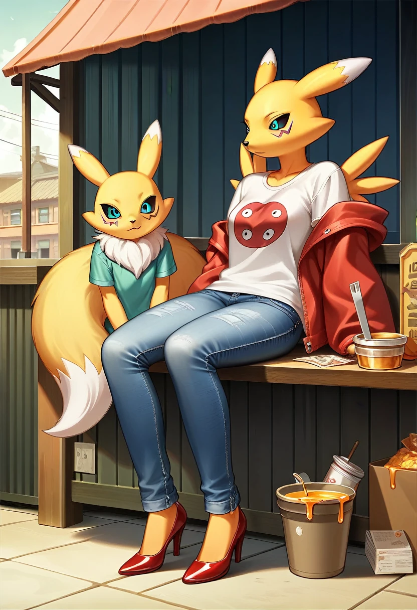 Fraction_9, Fraction_8_up, Fraction_7_Direction_6_Direction_5_Direction_4_up, rest, src_Japanese cartoons, Endless, Official Art, masterpiece, 1 Girl, renamon (Digimon), anthropology, Lovely, , very younger, young, , Uncensored, Oversized T-shirt,denim jacket, big jeans, Red high heels,Sexy, Honey, prostitute, Dagasi, Blink
