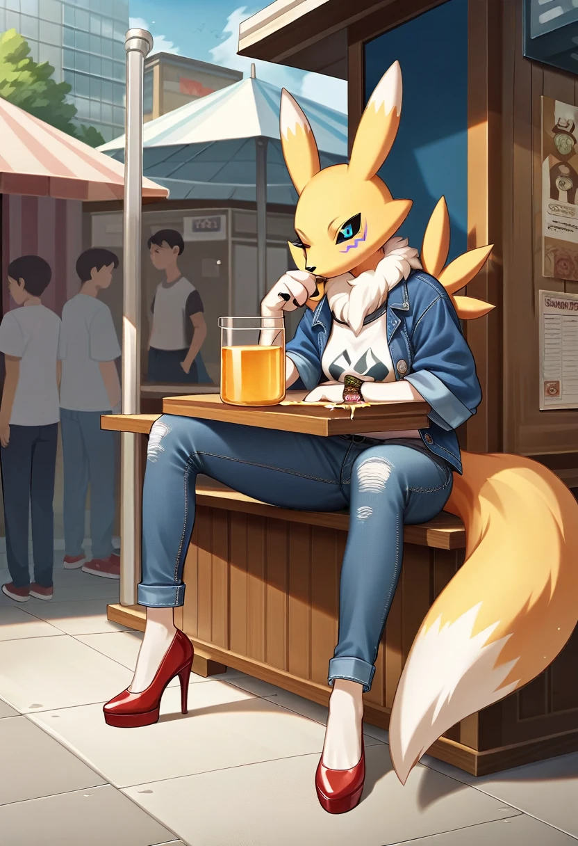 Fraction_9, Fraction_8_up, Fraction_7_Direction_6_Direction_5_Direction_4_up, rest, src_Japanese cartoons, Endless, Official Art, masterpiece, 1 Girl, renamon (Digimon), anthropology, Lovely, , very younger, young, , Uncensored, Oversized T-shirt,denim jacket, big jeans, Red high heels,Sexy, Honey, prostitute, Dagasi, Blink