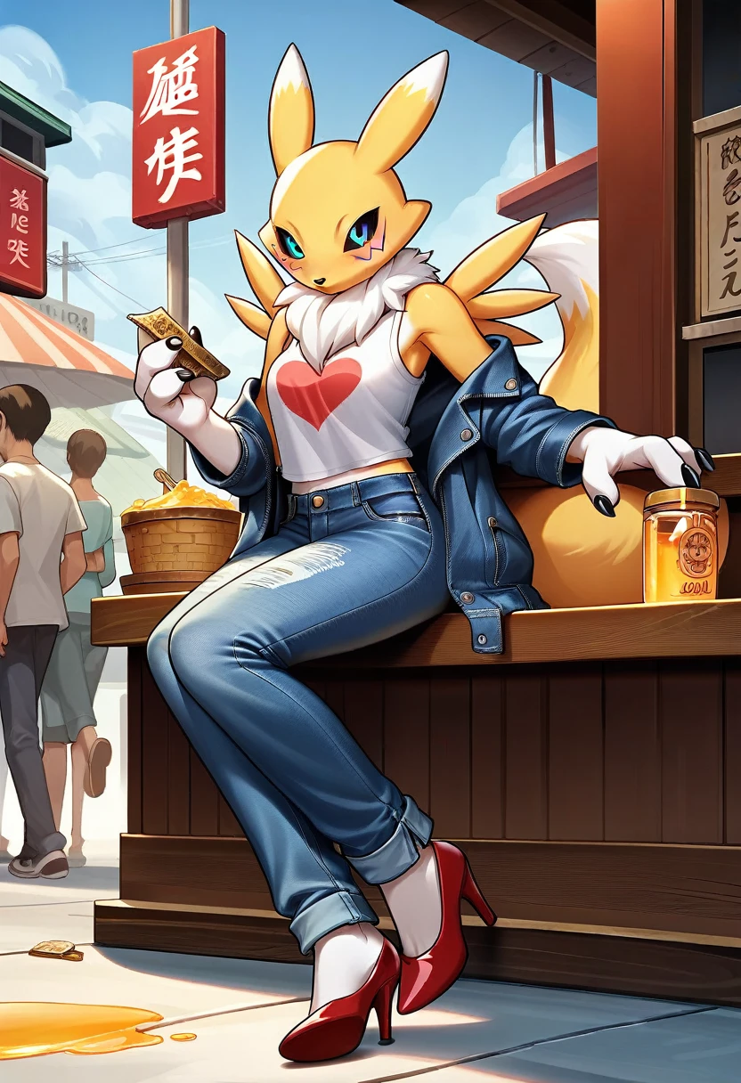 Fraction_9, Fraction_8_up, Fraction_7_Direction_6_Direction_5_Direction_4_up, rest, src_Japanese cartoons, Endless, Official Art, masterpiece, 1 Girl, renamon (Digimon), anthropology, Lovely, , very younger, young, , Uncensored, Oversized T-shirt,denim jacket, big jeans, Red high heels,Sexy, Honey, prostitute, Dagasi, Blink