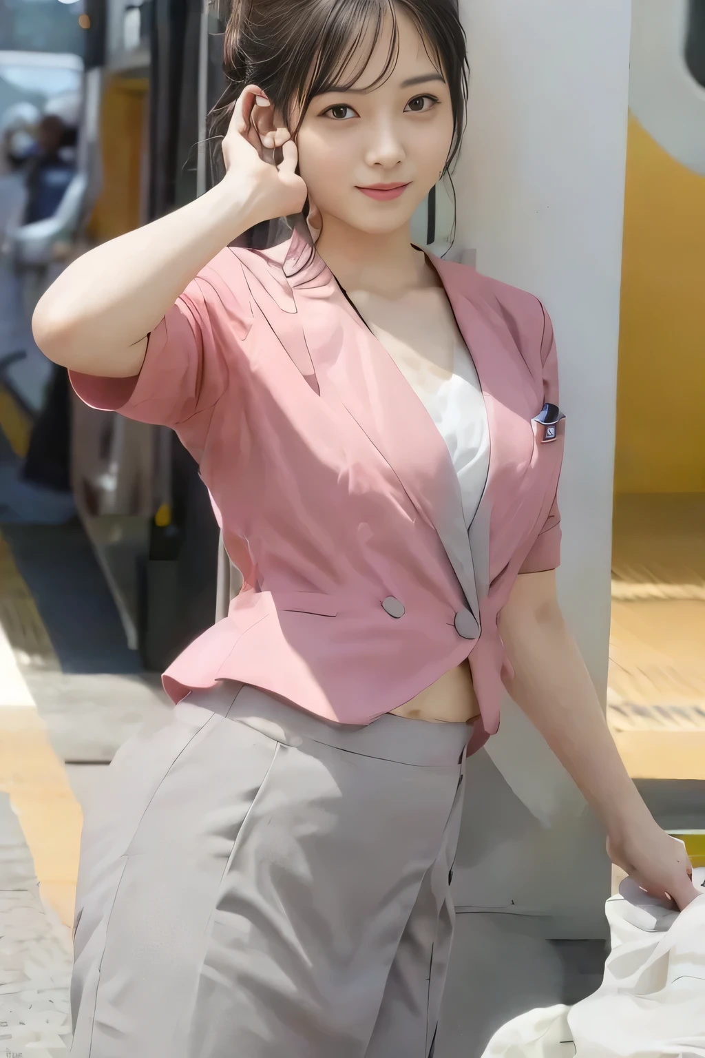 Showing your belly button、(masterpiece:1.2, Highest quality:1.2), 32k HDR, High resolution, (alone、1 girl)、 (Height: 160cm)、(On the rooftop of a building in the daytime、Professional Lighting)、Building rooftop background、(Nankai train crew uniform pinkを着たリアルスタイル)、(Nankai train crew uniform pink short sleeve collarless pink jacket、Nankai Train Crew Uniform Pink Collarless Short Sleeve Blouse、Nankai Train Crew Uniform Pink Grey Knee-length Culottes)、(The pink jacket is showing from the culottes.)、Dark brown hair、(Hair tied up、Hair tied up、Evening curly hairstyle)、Dark brown hair、Long Shot、Big Breasts、Thin legs、((Great hands:2.0)),((Harmonious body proportions:1.5)),((Normal limbs:2.0)),((Normal finger:2.0)),((Delicate eyes:2.0)),((Normal eyes:2.0)))、smile、(Nankai Train Crew Uniform Pink Grey Knee-length Culottesを見せた美しい歩く姿)、Place your hands around your stomach、Lanyard employee ID card