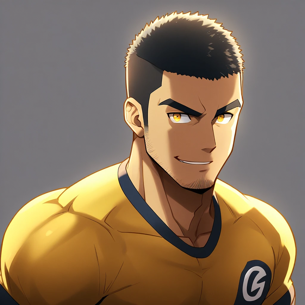 anime characters:Gyee, Young Muscle Sports Teacher, negro black skin, Buzz Cut, Manliness, male focus, Dark yellow long sleeve tight T-shirt, Slightly transparent texture, Very tight, Slightly transparent, muscular male, muscular, only, Upper body, alone, Black short hair, Thick eyebrows, stubble, Yellow eyes, Grey background, simple background, amazing quality, best aesthetics, Ridiculous, bright pupils, crew cut, parted lips, seductive smile, torogao, naughty face, best quality