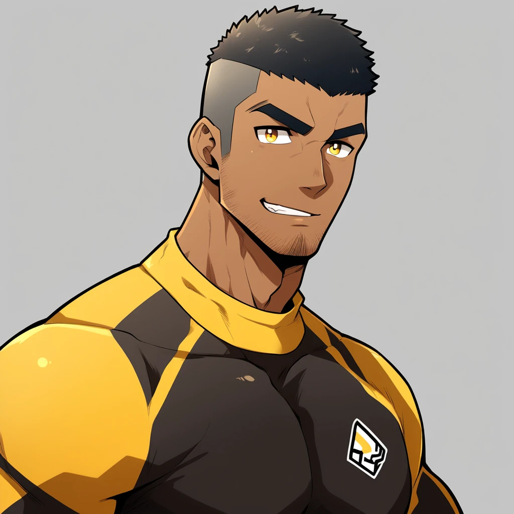 anime characters:Gyee, Young Muscle Sports Teacher, negro black skin, Buzz Cut, Manliness, male focus, Dark yellow long sleeve tight T-shirt, Slightly transparent texture, Very tight, Slightly transparent, muscular male, muscular, only, Upper body, alone, Black short hair, Thick eyebrows, stubble, Yellow eyes, Grey background, simple background, amazing quality, best aesthetics, Ridiculous, bright pupils, crew cut, parted lips, seductive smile, torogao, naughty face, best quality