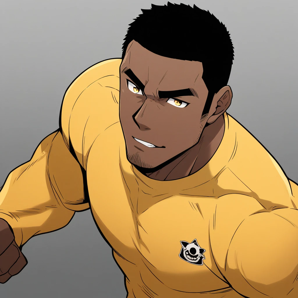 anime characters：Gyee, Young Muscle Sports Teacher, negro black skin, Buzz Cut, Manliness, male focus, Dark yellow long sleeve tight T-shirt, Slightly transparent texture, Very tight, Slightly transparent, muscular male, muscular, only, Upper body, alone, Black short hair, Thick eyebrows, stubble, Yellow eyes, Grey background, simple background, amazing quality, best aesthetics, Ridiculous, bright pupils, crew cut, parted lips, seductive smile, torogao, naughty face, best quality