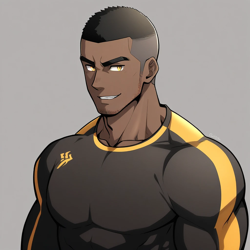 anime characters:Gyee, Young Muscle Sports Teacher, negro black skin, Buzz Cut, Manliness, male focus, Dark yellow long sleeve tight T-shirt, Slightly transparent texture, Very tight, Slightly transparent, muscular male, muscular, only, Upper body, alone, Black short hair, Thick eyebrows, stubble, Yellow eyes, Grey background, simple background, amazing quality, best aesthetics, Ridiculous, bright pupils, crew cut, parted lips, seductive smile, torogao, naughty face, best quality