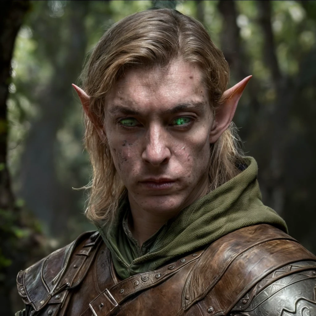 (masterpiece)+, (extremely (realistic)+,a portrait of an extremely ugly young male elf ranger, green alien sectoid eyes, Wearing leather armor, extremely sharp facial features, bad skin, scars, skin imperfections, angry proud stare. Looking in camera. volumetrics dtx, Photorealistic, ultra detailed, Artstation trending, very very detailed, realistic shaded lighting, dynamic shadows, detailed dark alley background, upper body, professional photograph of a detailed skin, sharp focus, dramatic, award winning, cinematic lighting, octane render, unreal engine, volumetrics dtx, Photorealistic, ultra detailed, Artstation trending, very very detailed, hyperrealistic, fine details, realistic shaded lighting, dynamic shadows, Dark alley background, add_detail:1, skin pores and wrinkles, details.,More Reasonable Details