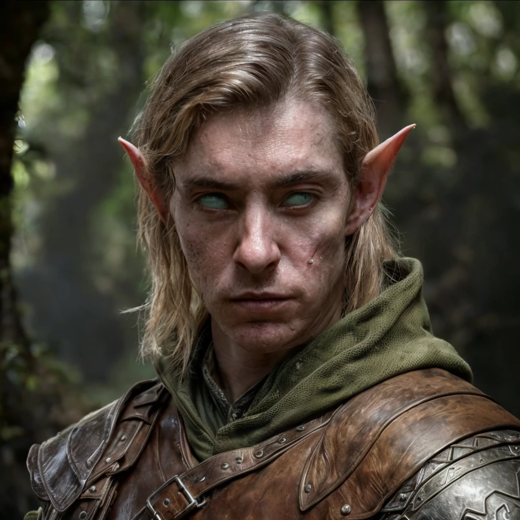(masterpiece)+, (extremely (realistic)+,a portrait of an extremely ugly young male elf ranger, green alien sectoid eyes, Wearing leather armor, extremely sharp facial features, bad skin, scars, skin imperfections, angry proud stare. Looking in camera. volumetrics dtx, Photorealistic, ultra detailed, Artstation trending, very very detailed, realistic shaded lighting, dynamic shadows, detailed dark alley background, upper body, professional photograph of a detailed skin, sharp focus, dramatic, award winning, cinematic lighting, octane render, unreal engine, volumetrics dtx, Photorealistic, ultra detailed, Artstation trending, very very detailed, hyperrealistic, fine details, realistic shaded lighting, dynamic shadows, Dark alley background, add_detail:1, skin pores and wrinkles, details.,More Reasonable Details