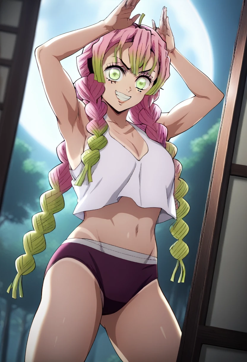 score_7_up, BREAK source_anime, KMitsuriV4XL, 1girl, solo, slight smile, forest,(((((mitsuri as a demon upper moon 2)))))oitdoor, professional light, standing, dutch angle, (((((sexy pose in underwear)))))(((( line visible)))arms above showing armpits