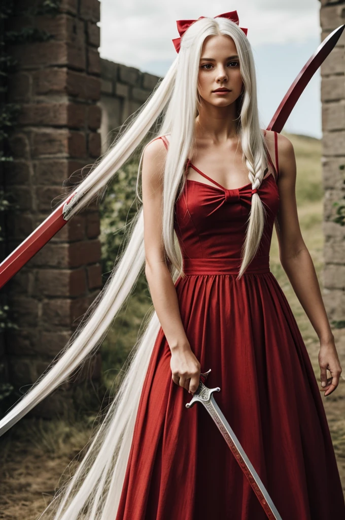 A woman wearing a long dress with long white hair tied in a red bow stood holding a red sword.