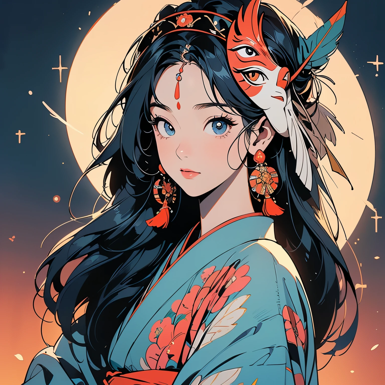 kimono, 完璧なkimono, 詳細なkimono, first-class, Super detailed, torii, Night view, forest, lake, (((Super detailedな装飾))),One Woman, Perfect Face, Japan, Lantern, Faint lighting, mysterious, (((Cowboy Shot))), Super detailedな髪、((( Sparkling Eyes))),mysterious, Brightly colored obi, The wind is blowing, Apparition, Japanese style, Candle, Panorama, Long Shot, Colorful backgrounds, (((Narrow-eyed beauty))),(((Indian-style feather headdress on head))),Upper Body,(((Complex eye pattern))),(((goddess))),(((Wearing a bird head mask on his head)))、A beautiful woman、Detailed face、Best quality face