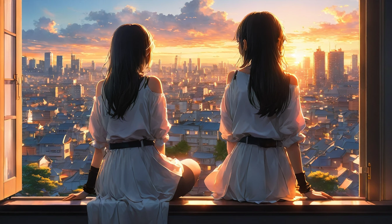 anime girl sitting on a window sill looking out at a city, 4k anime wallpaper, Watching the sunset. anime, anime art wallpaper 4k, anime art wallpaper 4 k, anime art wallpaper 8 k, anime wallpaper 4k, anime wallpaper 4 k, 4K Manga Wallpapers, anime background, anime style 4 k, beautiful anime scene, anime background art