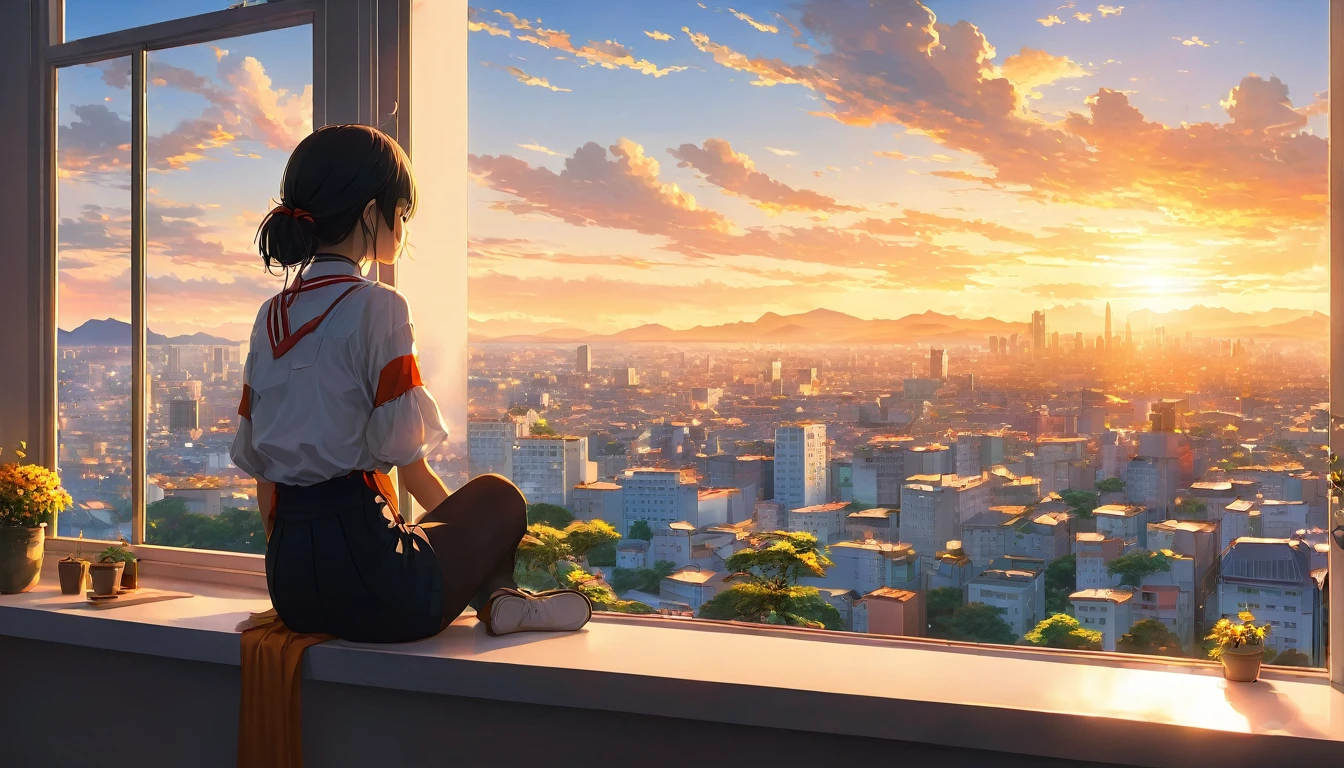 anime girl sitting on a window sill looking out at a city, 4k anime wallpaper, Watching the sunset. anime, anime art wallpaper 4k, anime art wallpaper 4 k, anime art wallpaper 8 k, anime wallpaper 4k, anime wallpaper 4 k, 4K Manga Wallpapers, anime background, anime style 4 k, beautiful anime scene, anime background art