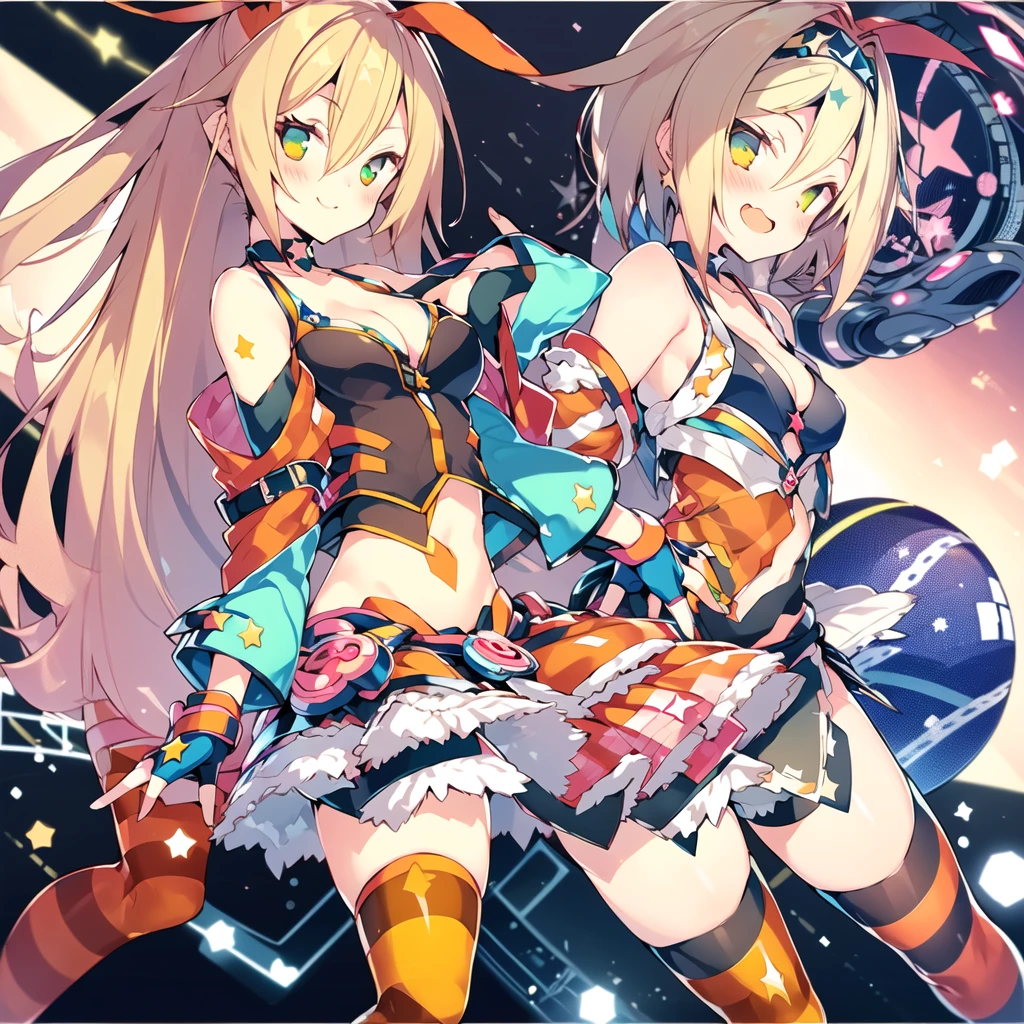 Unity_Chan,One girl,Blonde,alone,Green Eyes,Long hair tied low,Striped knee socks,gloves,Cleavage,Jacket,fingerless gloves,star (symbol),hair band,Removable sleeves,Medium chest,cropped Jacket,choker,belt,head band,star print,Bare shoulders,Orange knee socks,hoodie,Blue Vest