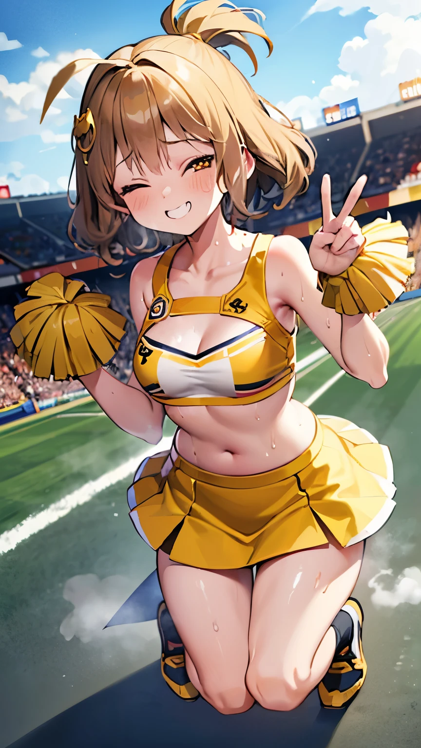 (high resolution),(stadium),(evening),(full body shot),jump,(1girl),(****),((one eye closed)),(cute),(grin),(peace sign),(embarrassed),(yellow cheerleader),(heart shapef pupils),((flat chest)),(sweat),(steam),(dynamic angle)