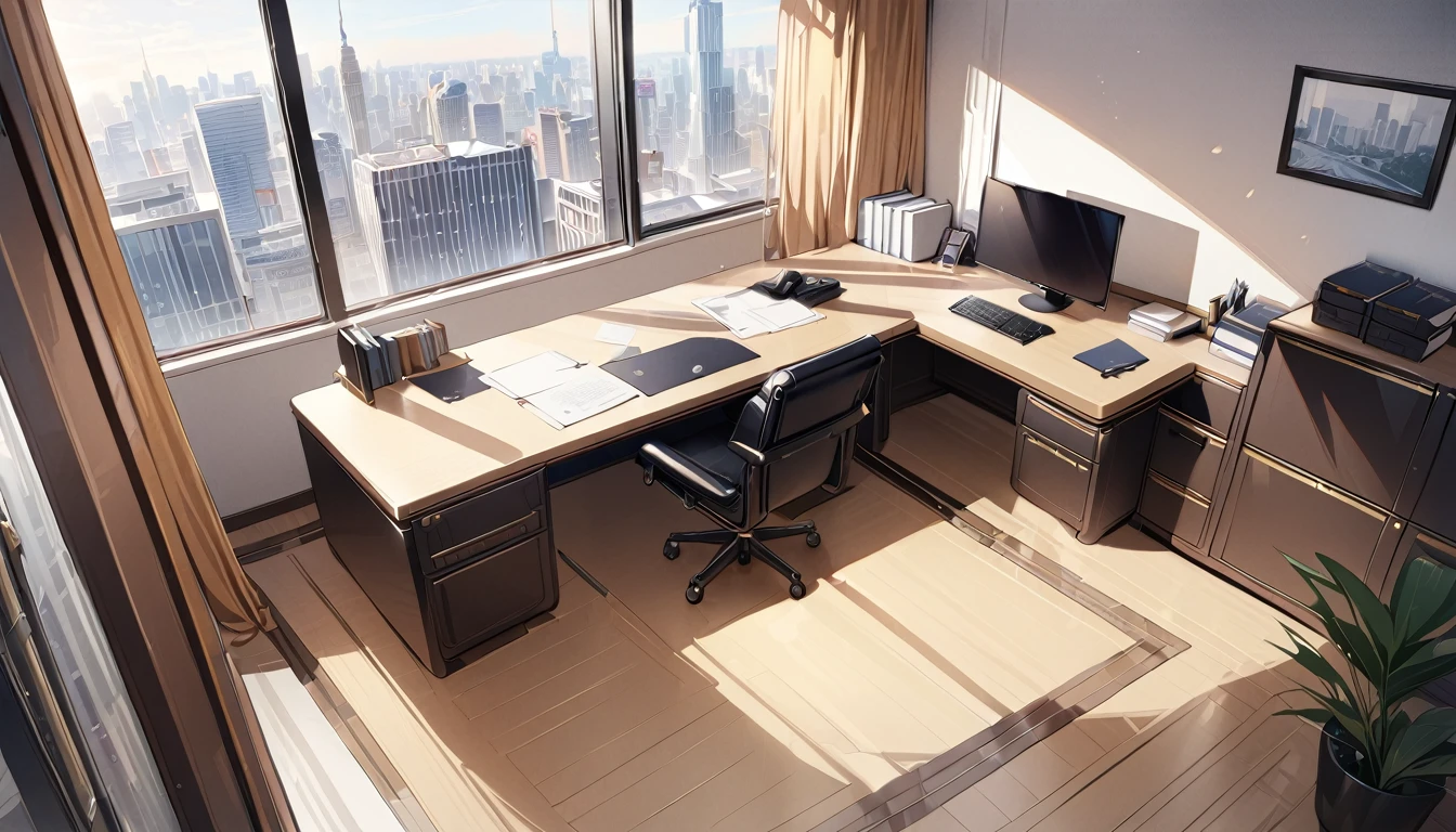 ((best quality)), ((masterpiece)), (detailed), office, president's office, floor-to-ceiling windows, top-down view scene,No humans