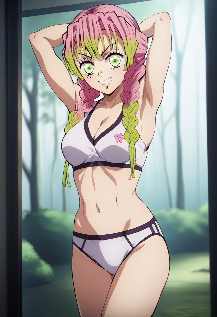 score_7_up, BREAK source_anime, KMitsuriV4XL, 1girl, solo, slight smile, forest,(((((mitsuri)))))oitdoor, professional light, standing, dutch angle, (((((sexy pose in underwear)))))((((  line visible))) arm's above showing armpits 