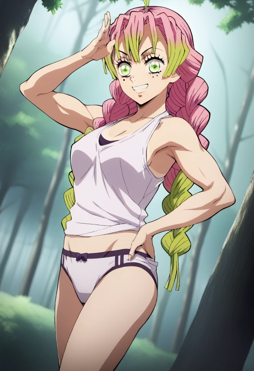 score_7_up, BREAK source_anime, KMitsuriV4XL, 1girl, solo, slight smile, forest,(((((mitsuri)))))oitdoor, professional light, standing, dutch angle, (((((sexy pose in underwear)))))((((  line visible))) arm's above showing armpits 