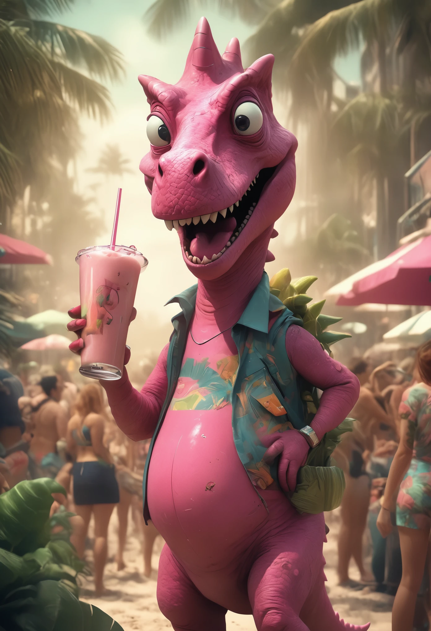 grunge style , retro futuristic In this whimsical composition, a pink dinosaur takes centre stage, adorned in vibrant beachwear and holding a refreshing pina colada, surrounded by a cheerful crowd. The scene combines elements of funny retro-futuristic style with a hint of grunge, all under the influence of Pixar's whimsical charm. With its vintage sci-fi and atomic age elements, the portrait exudes a romantic and satirical vibe, creating a nostalgic yet playful atmosphere. Vibrant colours and a distressed palette add to the scene's whimsy, while technical enhancements ensure the final image maintains its 8K resolution and HDR vibrancy, complete with a touch of dirtiness and noise for added effect.