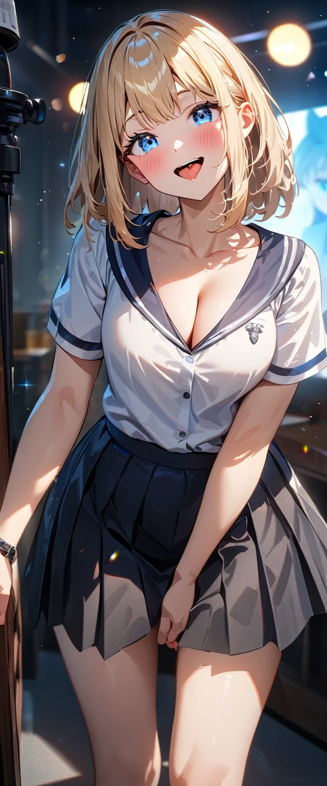 (((One girl))), blond hair, bob cut, (cowboy shot), (looking at viewer), breasts, teenager, head tilt:1.3, (((blue eye))), ((happy smile)), ((full face blush)), tongue out, open mouth, school summer uniform, white shirts, black skirt, cleavage, anime style, (best quality, 4k, 8k, highres, masterpiece:1.2, ultra-detailed, ultra-detailed eyes, HDR, UHD, studio lighting, ultra-fine painting, sharp focus, physically-based rendering, extreme detail description, professional, vivid colors, bokeh)