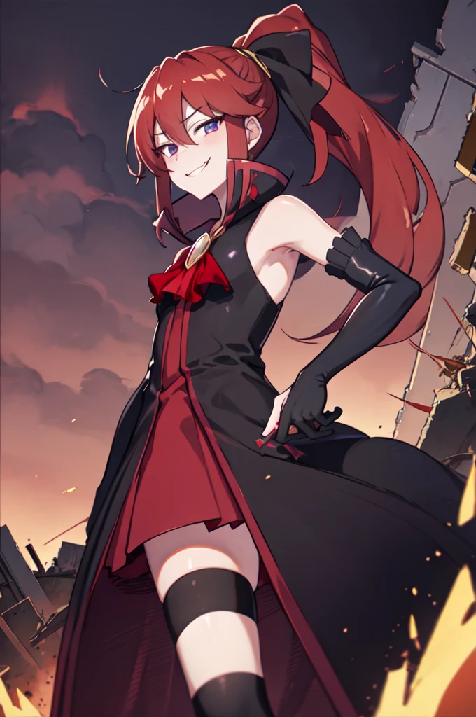 Highest quality, masterpiece, One Girl,Not beautiful, Red Ponytail, Long dress, brooch, Hair Ribbon, - Elbow hand pockets, Black knee socks, Standing on the rubble,Red cityscape, (Wicked Smile:1.1), ,,Dark shadowed face,Sadistic smile,Malice,Contempt,smile,latex,Bad face,,Red Skirt,Purple Sky