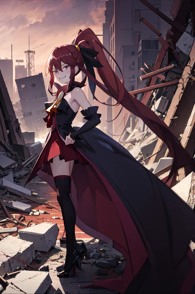Highest quality, masterpiece, One Girl,Not beautiful, Red Ponytail, Long dress, brooch, Hair Ribbon, - Elbow hand pockets, Black knee socks, Standing on the rubble,Red cityscape, (Wicked Smile:1.1), ,,Dark shadowed face,Sadistic smile,Malice,Contempt,smile,latex,Bad face,,Red Skirt,Purple Sky