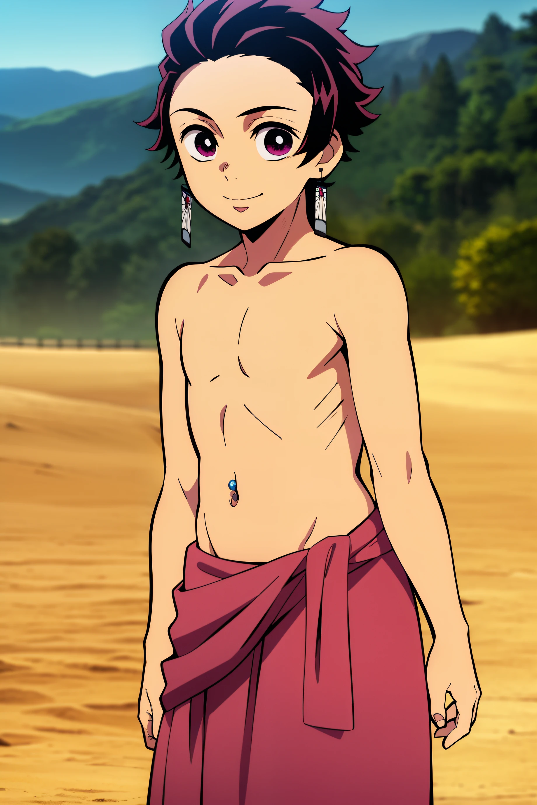 Highres, Masterpiece, Best quality at best,Best Quality,hight quality, hight detailed, 1boy, Boy, Solo, Cat ear, black hair, Earring, Shota, Egyptian palaces, Egyptian tribal luxury loincloth, Gold necklace, Navel piercing, Gloves, night day, Shirtless, Topless, Bare chest, Slim body, smile, sweat, Simple beckground, Seen from the front, Upper body, Depth of field, (Showing armpit:1.3), Look at viewer, Seen from front, (very small and short stature), (very young boy), -yeld bo Blurry beckground