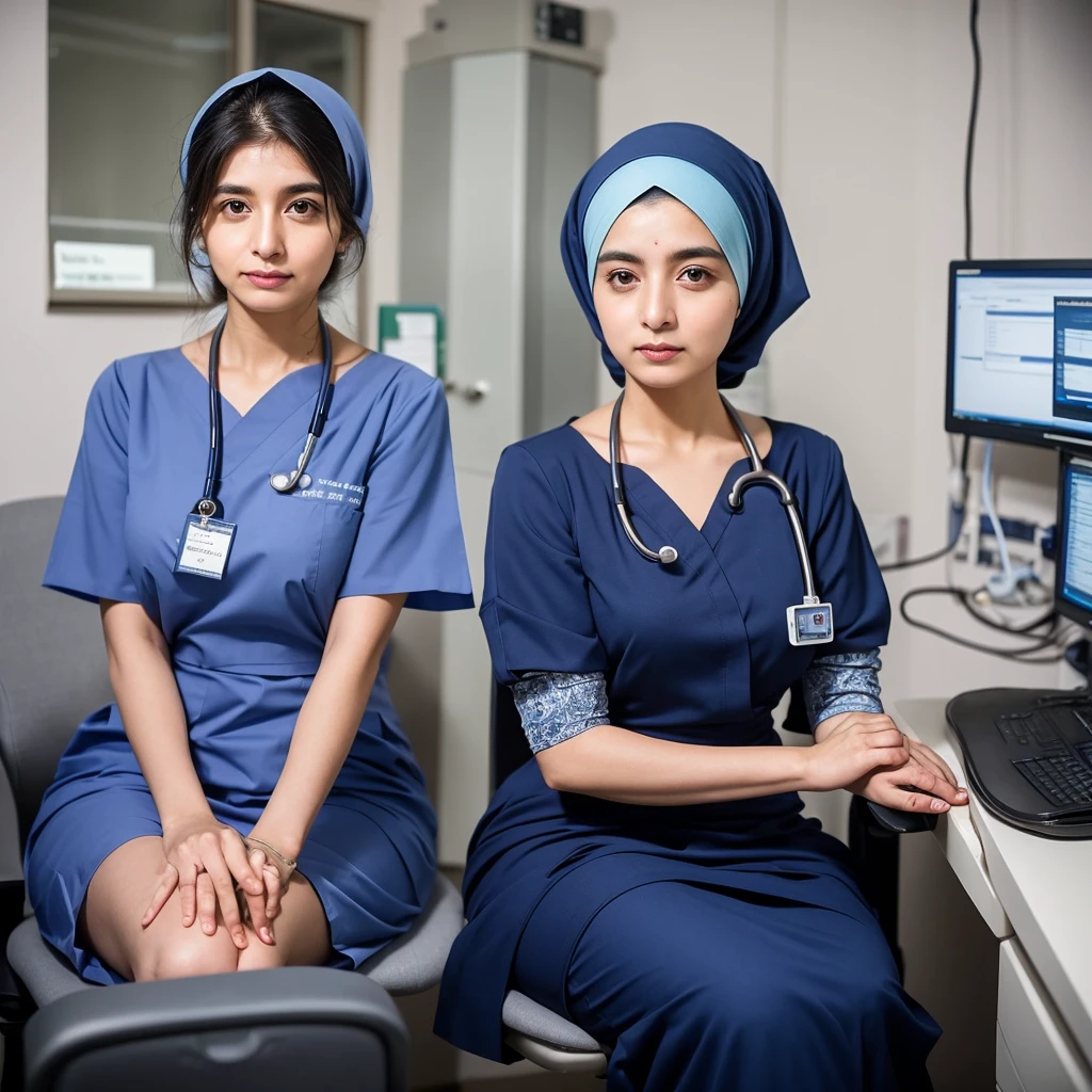 "A Pakistani lady doctor in hijab sitting in a clinic, wearing a blue doctors full gown, professional and poised, traditional beauty, serene and confident, medical professional, in a well-equipped clinic with  her desk , focused on her work, Pakistani style, elegant and intelligent, highly detailed environment, warm and approachable demeanor, expert in her field, compassionate expression, contemporary clinic setting, surrounded by medical instruments and equipment, intricately detailed shot, calm and comforting presence, inspirational figure, committed to patient care."