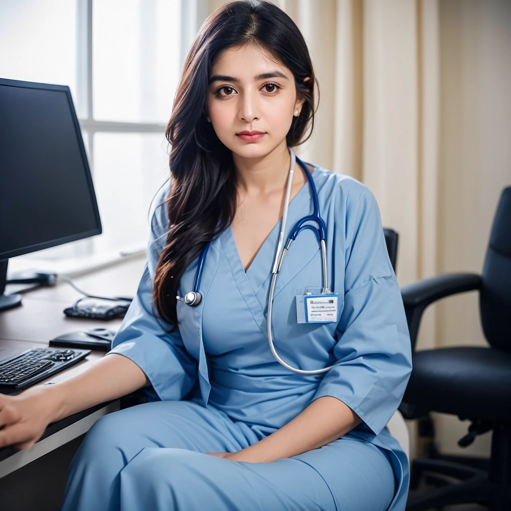 "A Pakistani lady doctor in hijab sitting in a clinic, wearing a blue doctors full gown, professional and poised, traditional beauty, serene and confident, medical professional, in a well-equipped clinic with  her desk , focused on her work, Pakistani style, elegant and intelligent, highly detailed environment, warm and approachable demeanor, expert in her field, compassionate expression, contemporary clinic setting, surrounded by medical instruments and equipment, intricately detailed shot, calm and comforting presence, inspirational figure, committed to patient care."