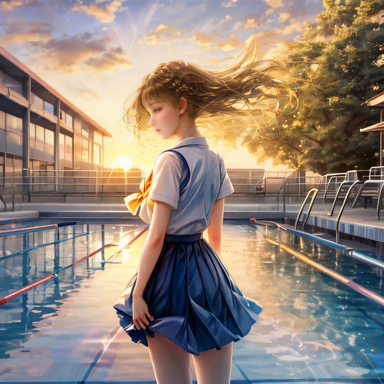 A back view of a girl standing alone looking at the school pool、Girl in summer uniform　Hair fluttering in the wind　Backlight　Golden light of the evening