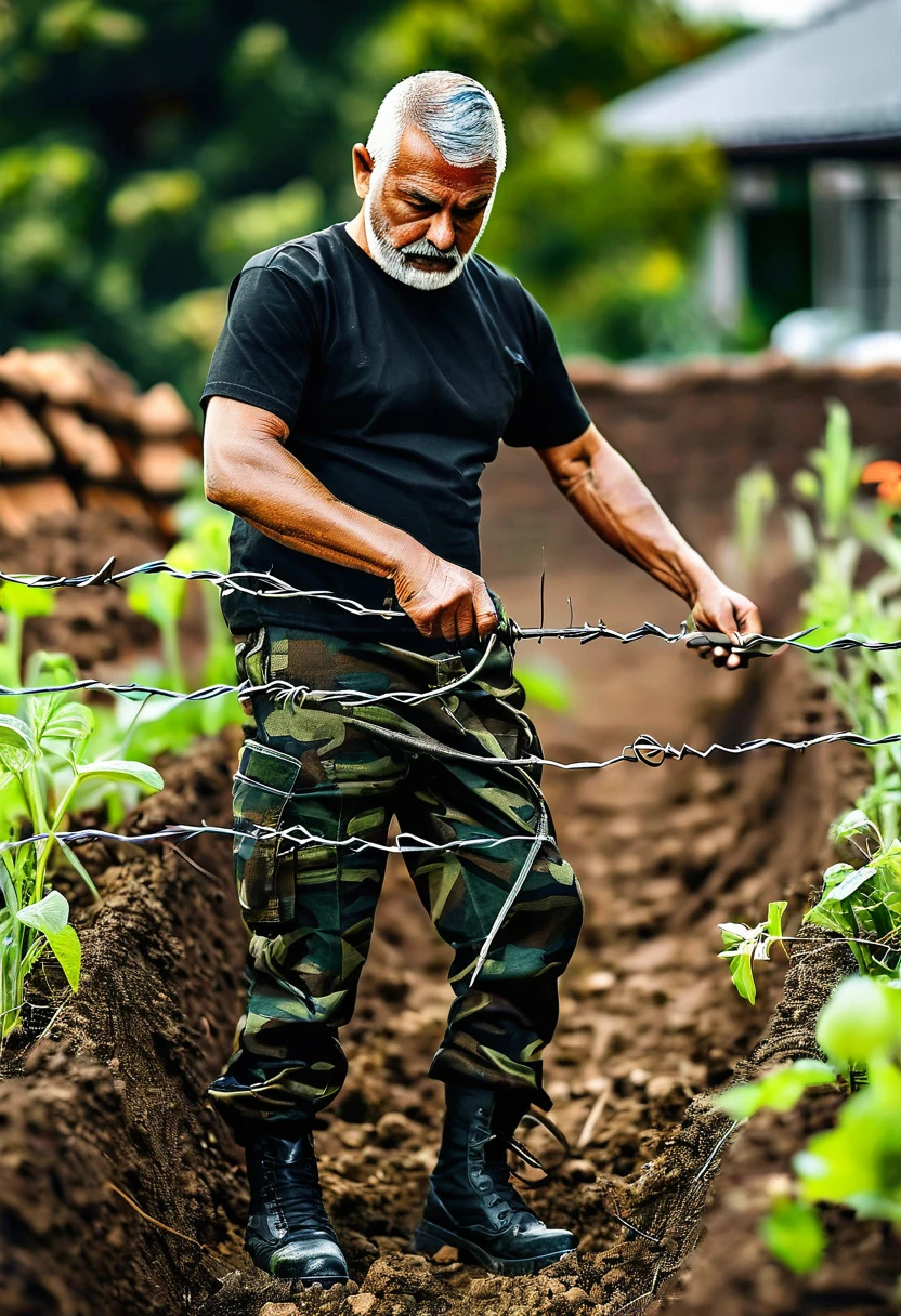 image of a man in his garden placing barbed wire in a trench, 56 year old man dressed in military camouflage pants and black t-shirt, detailed, 16k, ultra detaile