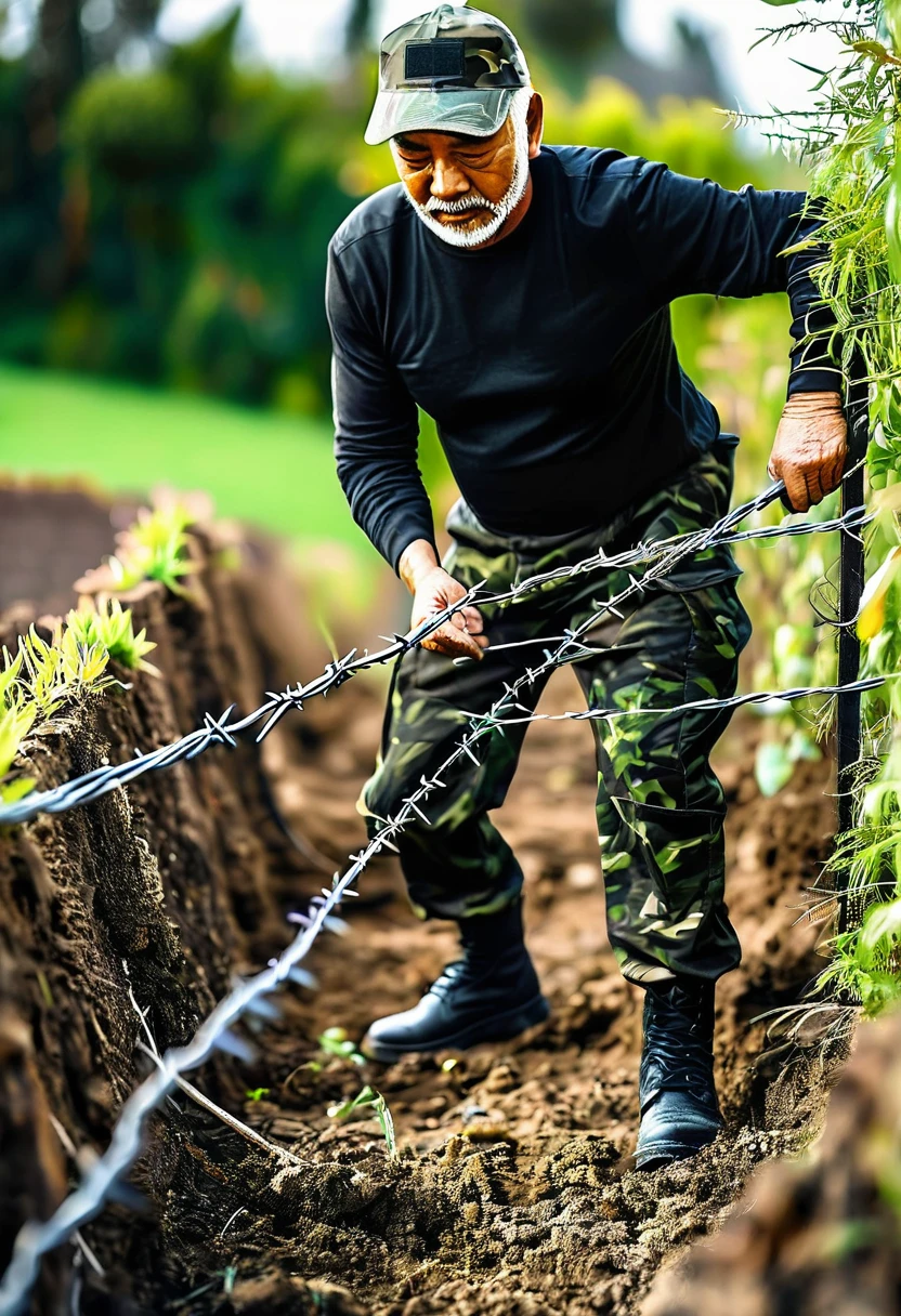 image of a man in his garden placing barbed wire in a trench, 56 year old man dressed in military camouflage pants and black t-shirt, detailed, 16k, ultra detaile