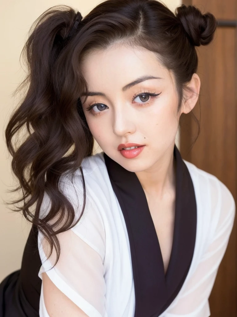masterpiece,best quality,higher, Super sexy super cute Japanese girl、Hot, erotic and sexy lips、Big eyes、Drooping eyearilyn (;marilyn monroe face)、ASİAN,(brown race),dark skin,Dark brown, loosely wavy llong hair,、(Bun Hair)1girl,NDGE、ponytail、Super big、sexual excitement、(((A girl wearing the uniform of the Japanese women's national volleyball team、Volleyball match court)))、(((Super big)))Cute smile