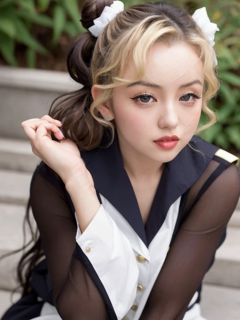 masterpiece,best quality,higher, Super sexy super cute Japanese girl、Hot, erotic and sexy lips、Big eyes、Drooping eyearilyn (;marilyn monroe face)、ASİAN,(brown race),dark skin,Dark brown, loosely wavy llong hair,、(Bun Hair)1girl,NDGE、ponytail、Super big、sexual excitement、(((A girl wearing the uniform of the Japanese women's national volleyball team、Volleyball match court)))、(((Super big)))Cute smile