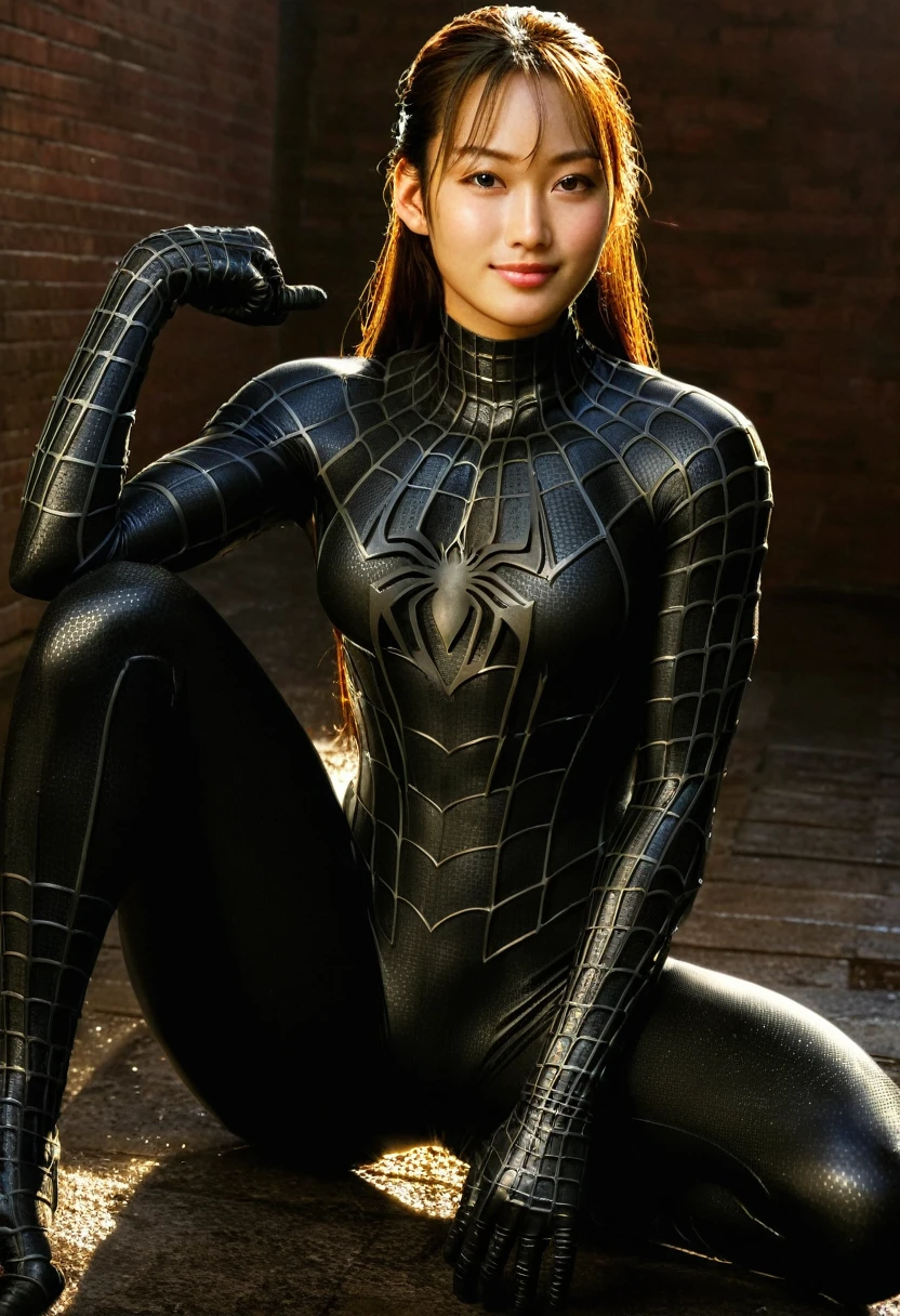 score_9, score_8_up, score_7_up, best quality, realistic, masterpiece, beautiful detail, hyperrealistic, (1girl, woman body, smile), big breasts:1, amazing detailed full body portrait of a beautiful japanese girl, defined muscle girl, wearing a realistic and highly detailed black raimi spider-man suit, ((huge muscular girl)), professional model wears ultra - detailed black raimi spider - man suit, ultra - detailed and grained black raimi spiderman suit, suit covered entire body and hand, black spiderman gloves, wet, (looking at camera), sitting with a sexy pose, (full body), (dirty skin), close up, octane render, highly detailed, volumetric, dramatic lighting, (highest quality:1.1), (HDR:1.3), (top quality, best quality), realistic, high definition,
