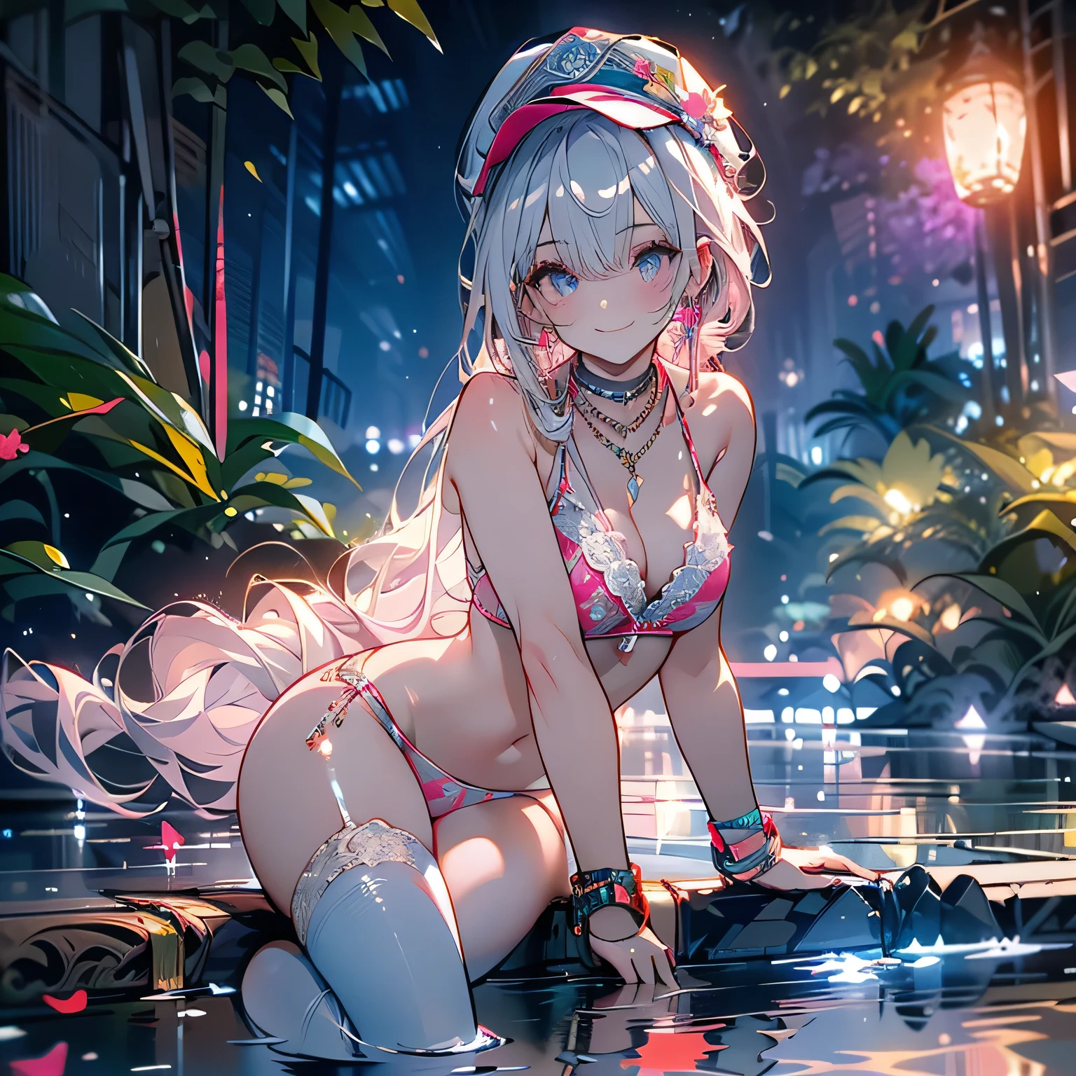 high angle,from above,cleavage,smiling,
((masterpiece:1.4, best quality)), ((masterpiece, best quality)),low angle,beautiful pony tail silver pink hair,beautiful  pink eyes,little cute   girl,full body, sitting in the water falls,lovely laugh,denim baseball cap, ((elegant summer bikini)), (white over-kneehighs,Lace chalker, wristband, diamond necklace,earrings),cinematic lighting and pause,beautiful natural mysterious park,lots of colorful flowers,night sky,full moon,