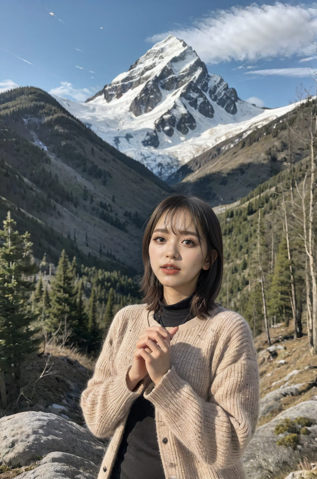 ((masterpiece)),Highest quality, shape, dark, One Girl, In the wilderness,A tall mountain,Snow-capped mountains visible in the distance々々, city, Beautiful details, Beautiful detailsまでこだわった髪,