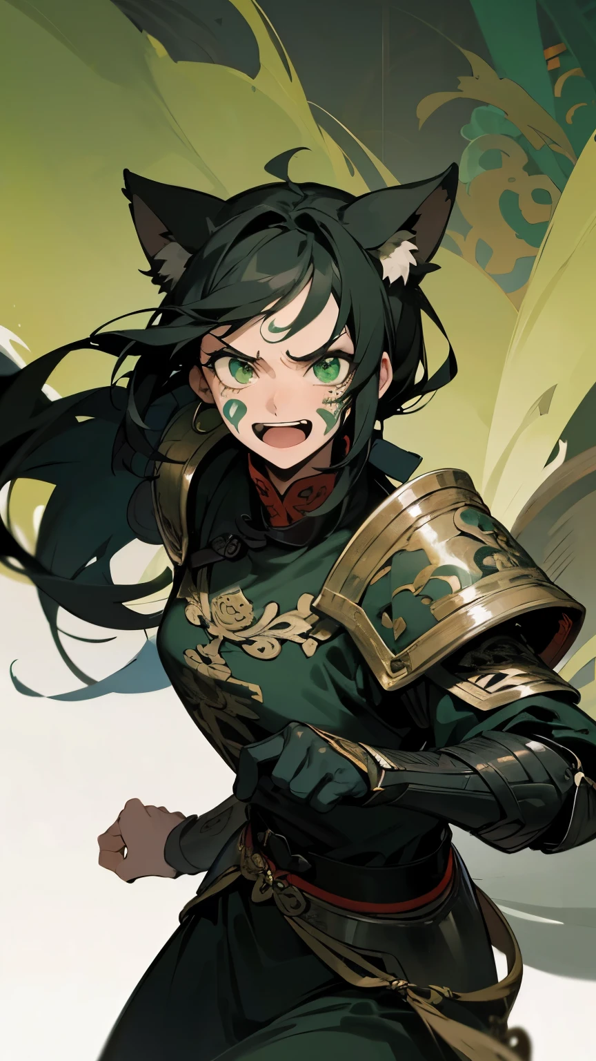 anime style, Women, it would be nice, black hair and green eyes, with three black tails, with armor with black Chinese decorations with green decorations, black roots embedded in his neck and a tattoo on his face that alludes to roots, threatening happy expression, background medieval city
