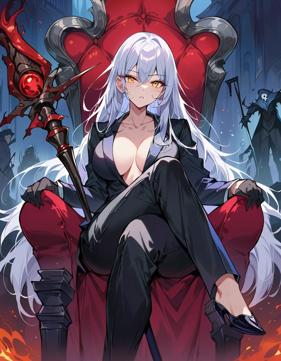 Best quality，masterpiece，a high resolution，Adult female, businesswoman, legs crossed, visible breasts apart, visible collarbone, holding staff, white hair, long hair, yellow eyes, black coat, long pant, black pant, bloodborne style, sitting on throne.