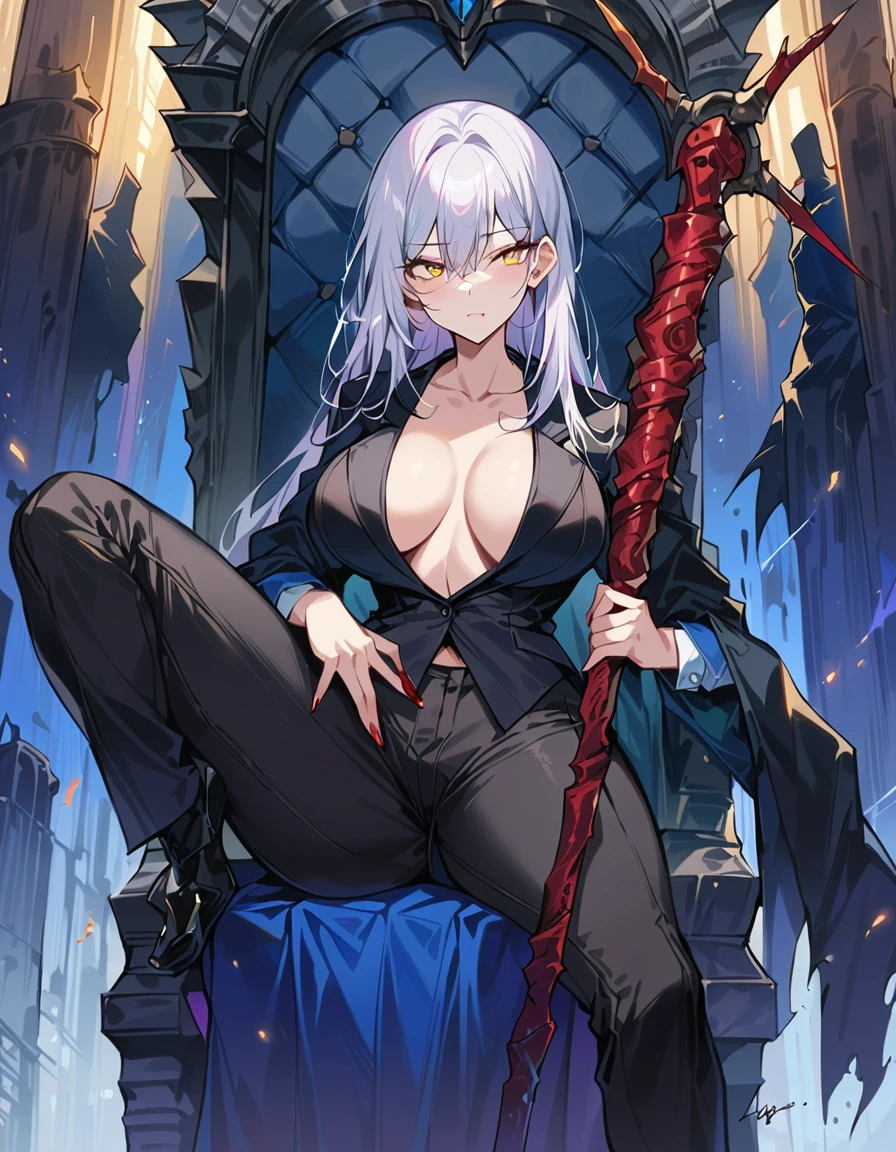 Best quality,masterpiece,a high resolution,Adult female, businesswoman, legs crossed, visible breasts apart, visible collarbone, holding staff, white hair, long hair, yellow eyes, black coat, long pant, black pant, bloodborne style, sitting on throne.
