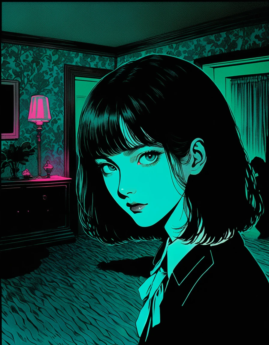 illust、art、from 80s horror movie, directed by Junji Ito、Serial murders in an old mansion、Inheritance、Detective、high detail, realsitic shadow、Analog style, vhs style, 8mm film, chromatic aberration, Dvd screengrab、Surrealism