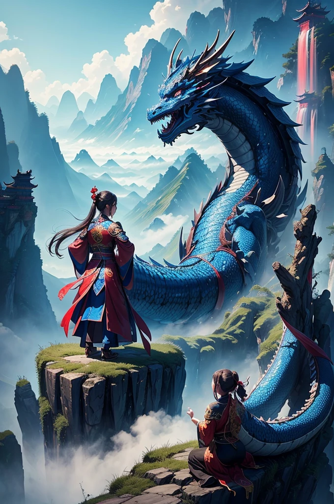 Chinese style, masterpiece, best quality, super detailed, , high contrast, a blue Chinese dragon looks down on the girl, the girl looks at the dragon, fairy mountains, clouds and mist, Chinese style