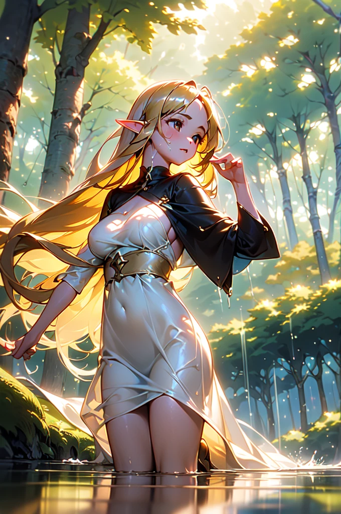 masterpiece, best quality, 1 girl, solo, large breasts, long hair, golden hair, dark brown eyes, elf, forest, bathe in the lake, from between the trees, white babydoll, (wet:1.2), (sunlight filtering through the trees:1.2), (splash of water:1.2), dynamic angle