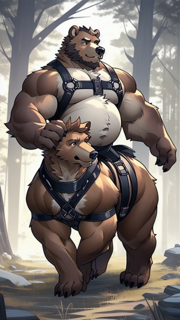 brown bear, furry, fur taur, beartaur, middle-age, detailed face, bear ears, bear eyes(brown), bear nose(black), bear mouth, garibaldi beard(white), mature hair(white), detailed arms(strongest), hands(5 fingers), detailed body belly, muscle belly(white), chest harness, detailed taur body, bear paws, bear tail